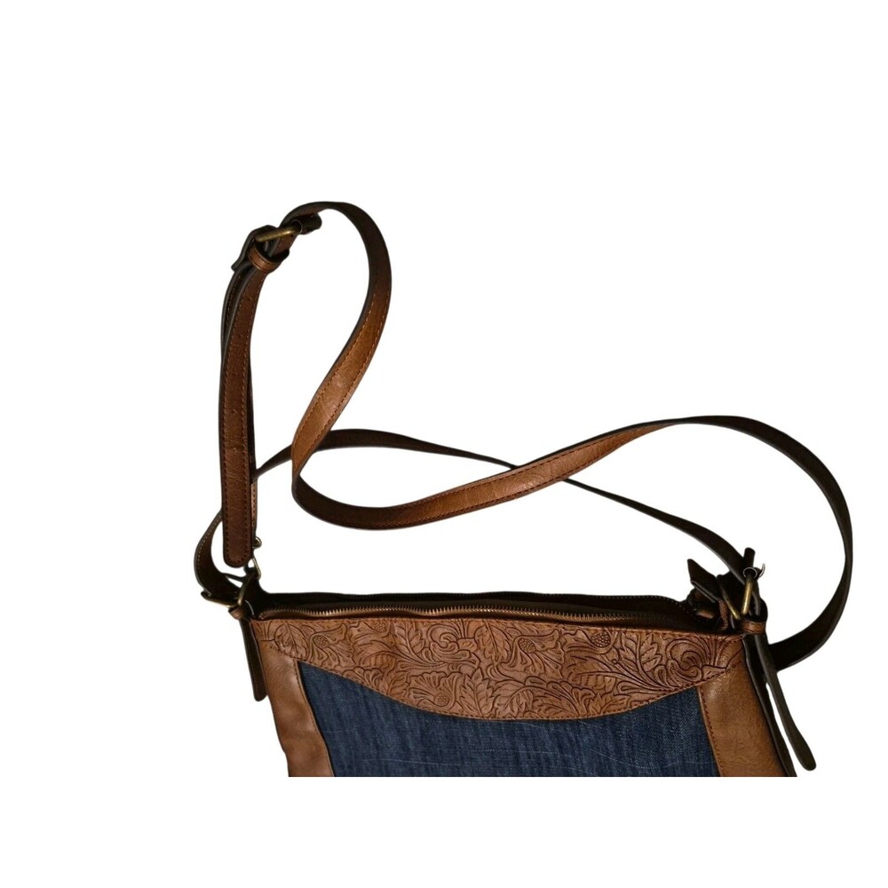 Pioneer Woman Denim Tote Hobo Purse Vegan Leather Blue Brown - Picture 5 of 9